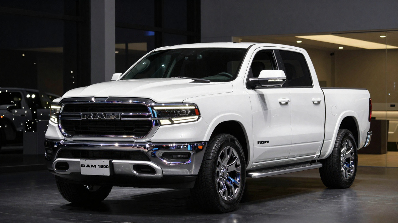 Picape branca RAM 1500 estacionada em ambiente interno iluminado.