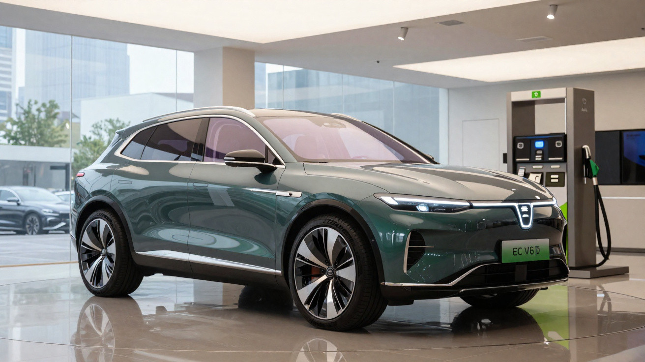 Carro elétrico verde-metalizado em loja moderna com estação de carregamento ao fundo.