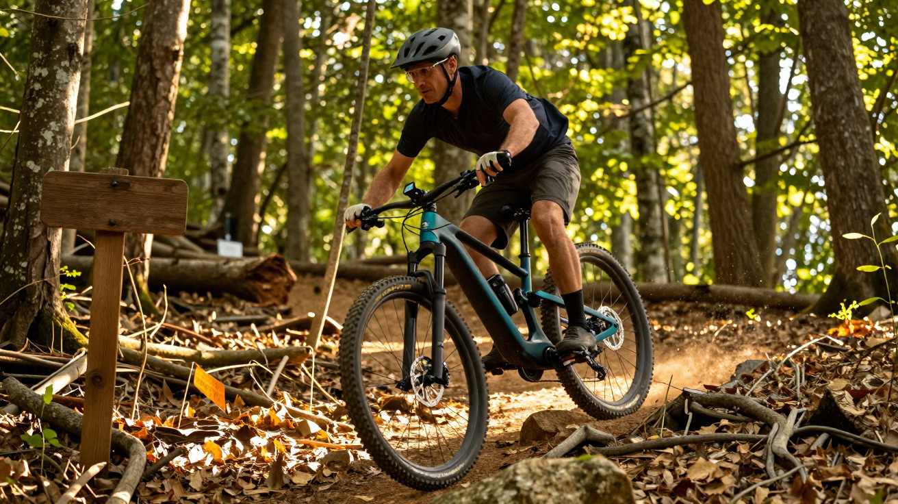 Homem andando de bicicleta mountain bike em trilha arborizada com capacete e roupa esportiva preta.