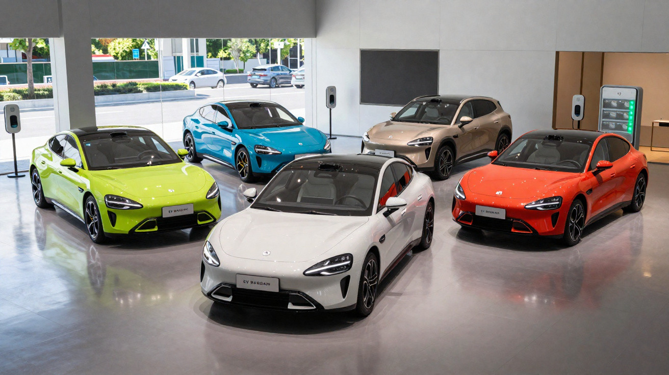 Cinco carros elétricos coloridos em exposição dentro de showroom moderno.