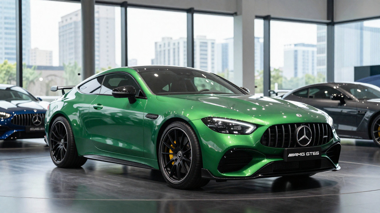 Mercedes-AMG GT 63 esportivo verde exposto em showroom com detalhes pretos e rodas aro 20.
