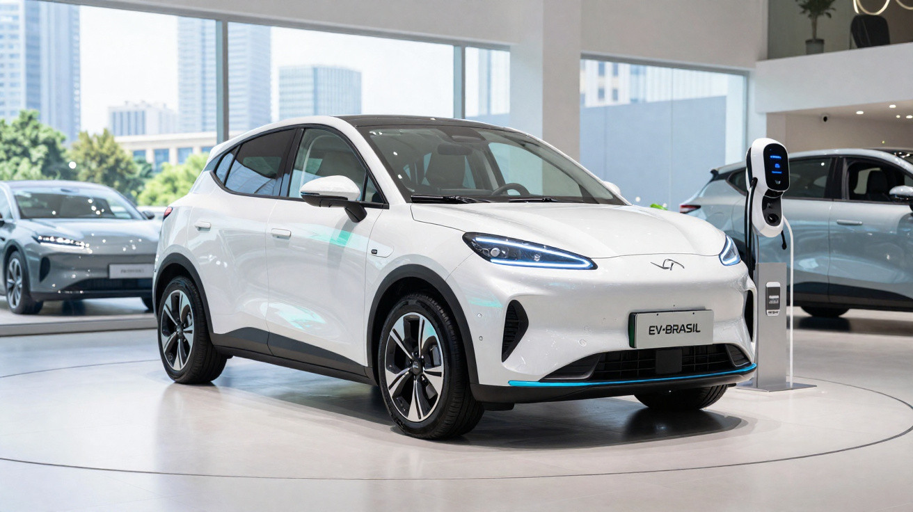 Carro elétrico branco exibido em showroom com estação de carregamento ao lado e prédios ao fundo.