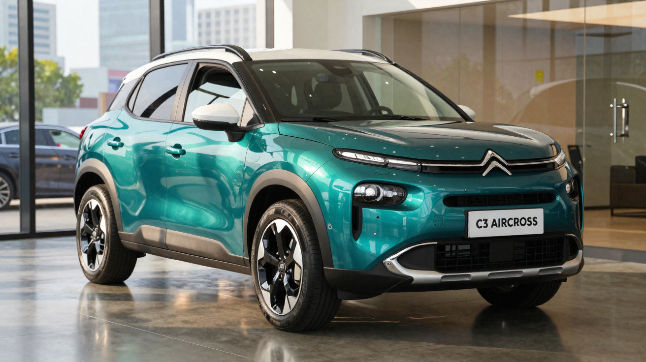 Carro Citroën C3 Aircross verde em showroom com iluminação natural e vidro ao fundo.