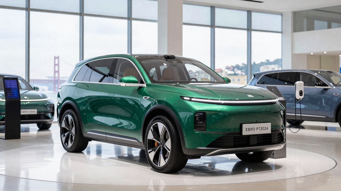 Carro elétrico SUV verde exposto em salão com piso branco e janelas grandes ao fundo, placa Ebro PT2024.