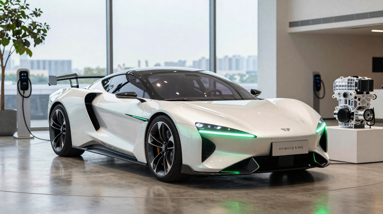 Carro esportivo branco elétrico com detalhes em verde em showroom moderno com motor exposto ao fundo.
