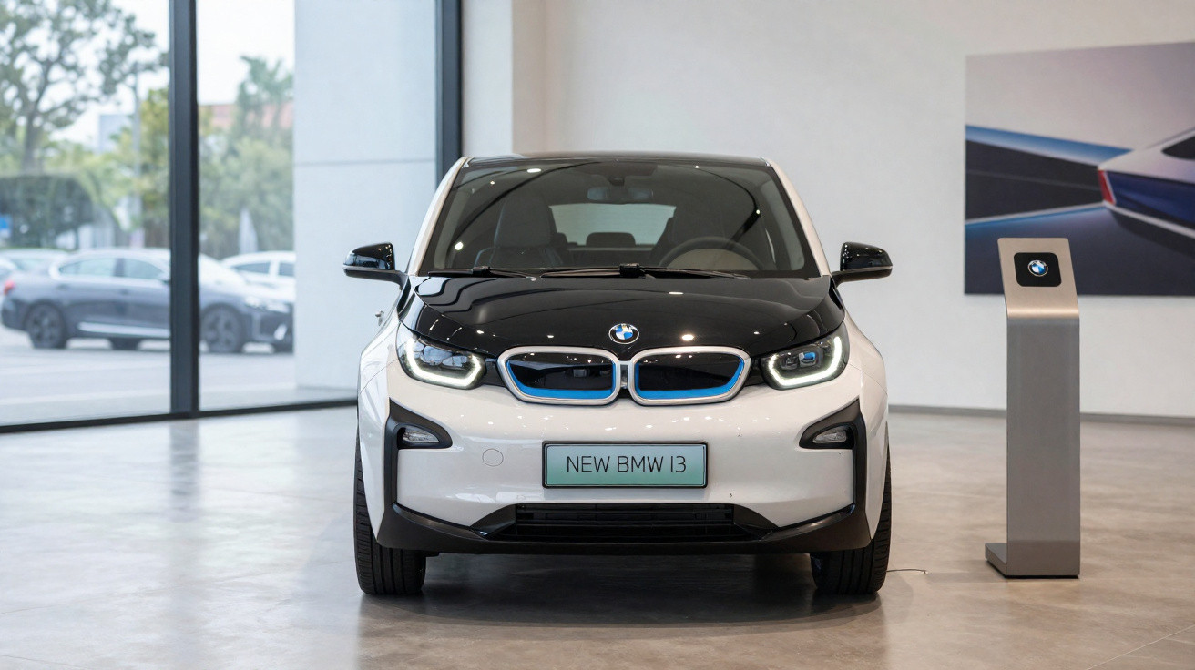 Carro elétrico BMW i3 novo branco com detalhes em preto exposto em showroom moderno.