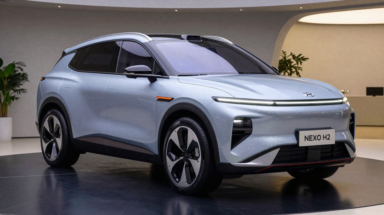 SUV elétrico Hyundai Nexo H2 cinza, em ambiente interno moderno com plantas ao fundo.