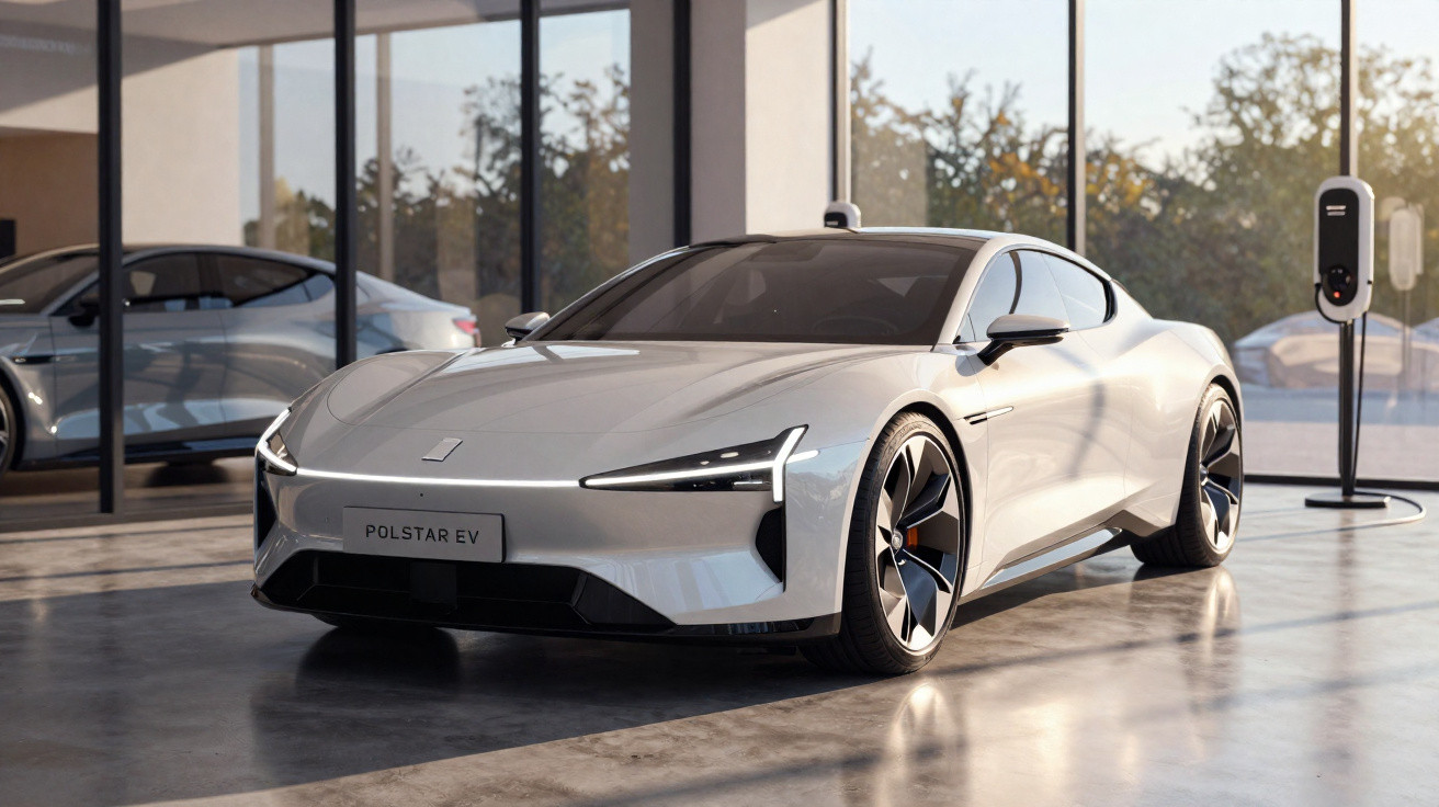 Carro elétrico esportivo cinza estacionado em garagem com carregador elétrico ao lado.