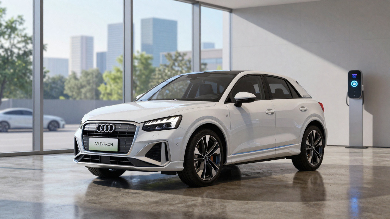 Carro elétrico Audi A3 E-Tron branco parado em garagem moderna com estação de recarga ao lado.