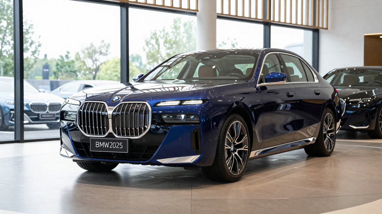 Carro sedan BMW azul 2025 exibido no showroom com grande grade frontal cromada e faróis finos.