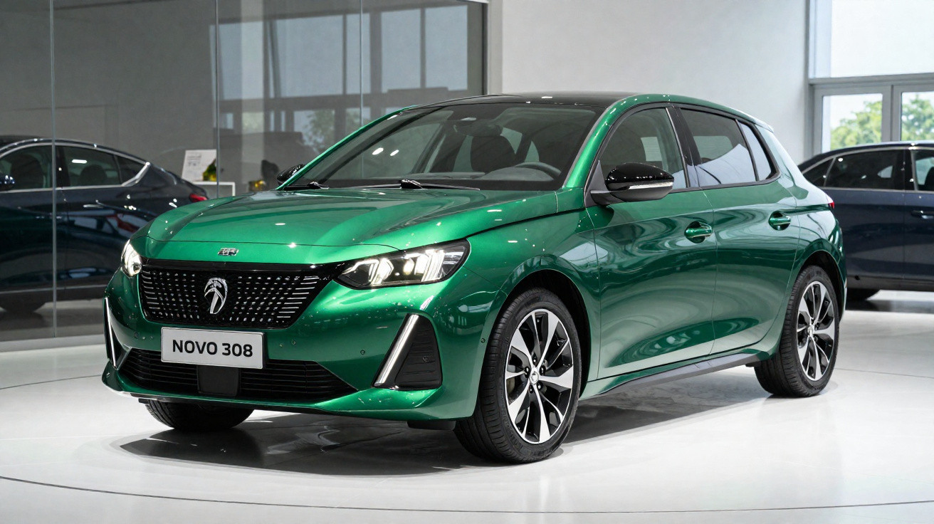 Carro hatch verde metálico Peugeot Novo 308 exibido em showroom moderno e iluminado.
