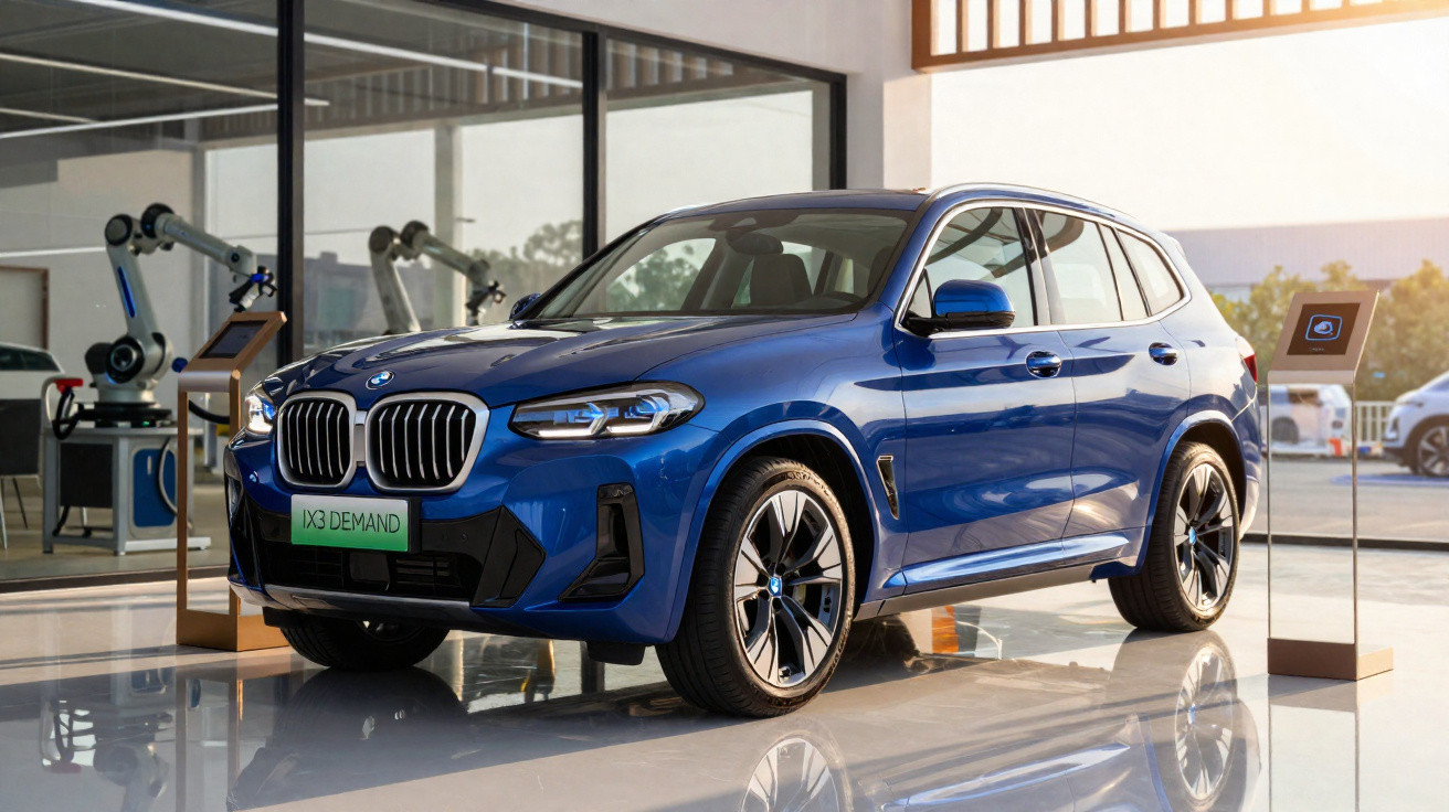 Carro SUV BMW azul em showroom moderno com vidros grandes e piso refletivo.