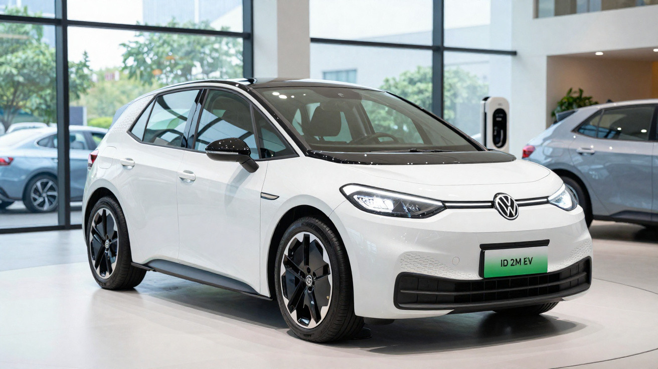 Carro elétrico branco Volkswagen ID.2 EV exibido em showroom moderno com piso claro e grandes janelas.