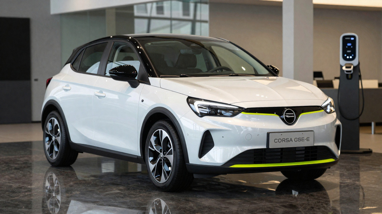 Carro elétrico branco Opel Corsa GSE-E em showroom, com estação de recarga ao fundo.