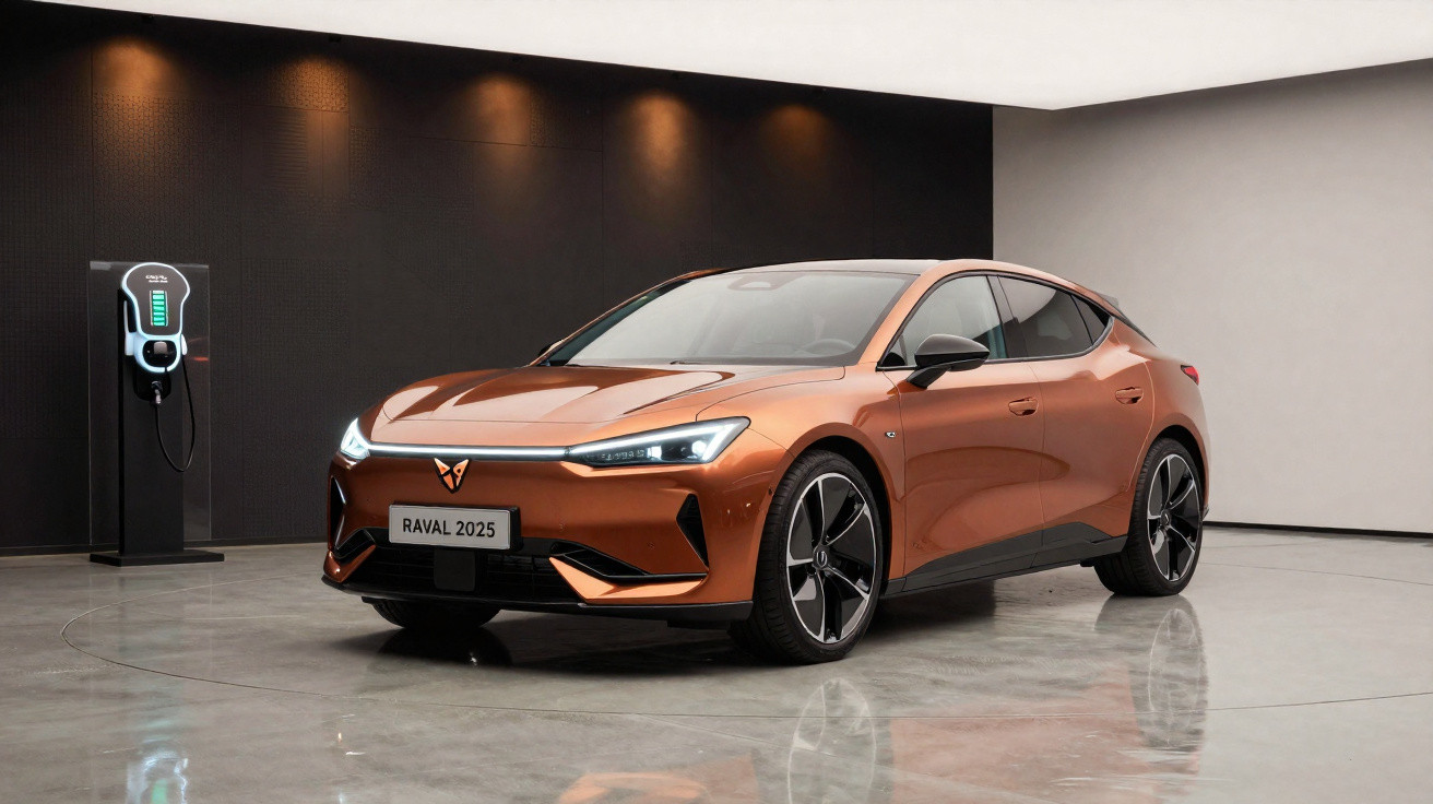 Carro elétrico laranja modelo Raval 2025 estacionado ao lado de carregador em ambiente interno moderno.