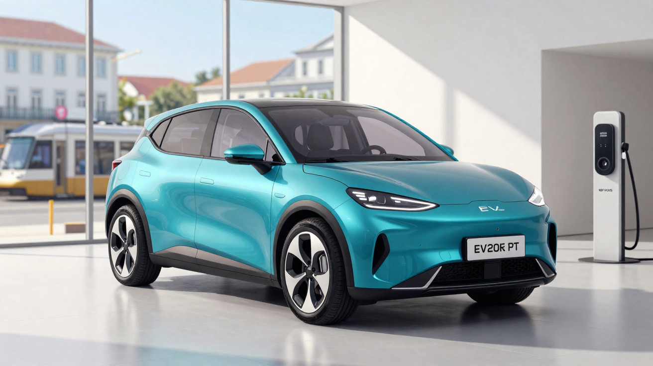 Carro elétrico azul estacionado ao lado de carregador em ambiente interno com janela grande.