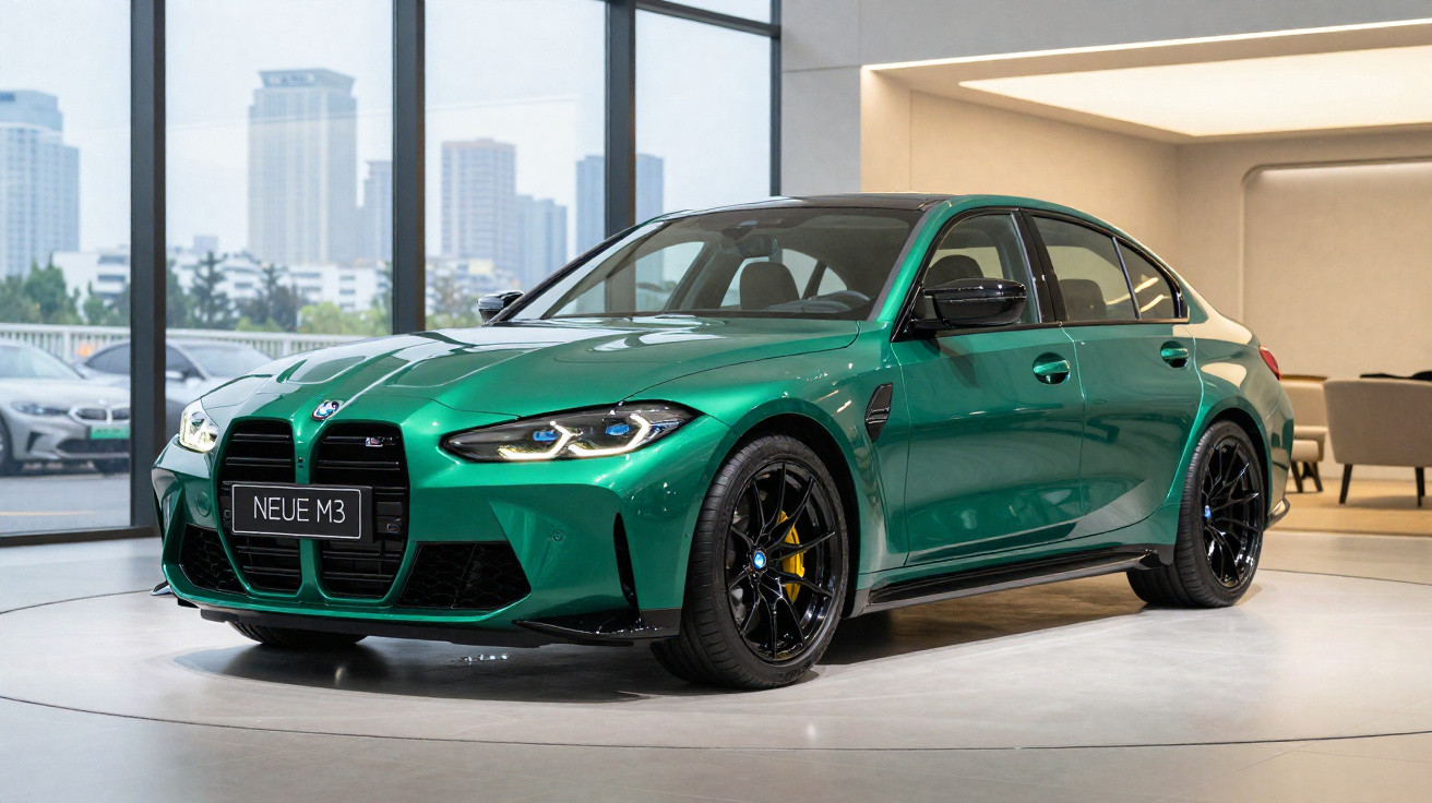 Carro esportivo BMW Neue M3 verde metálico exibido em showroom com fundo urbano e arquitetura moderna.