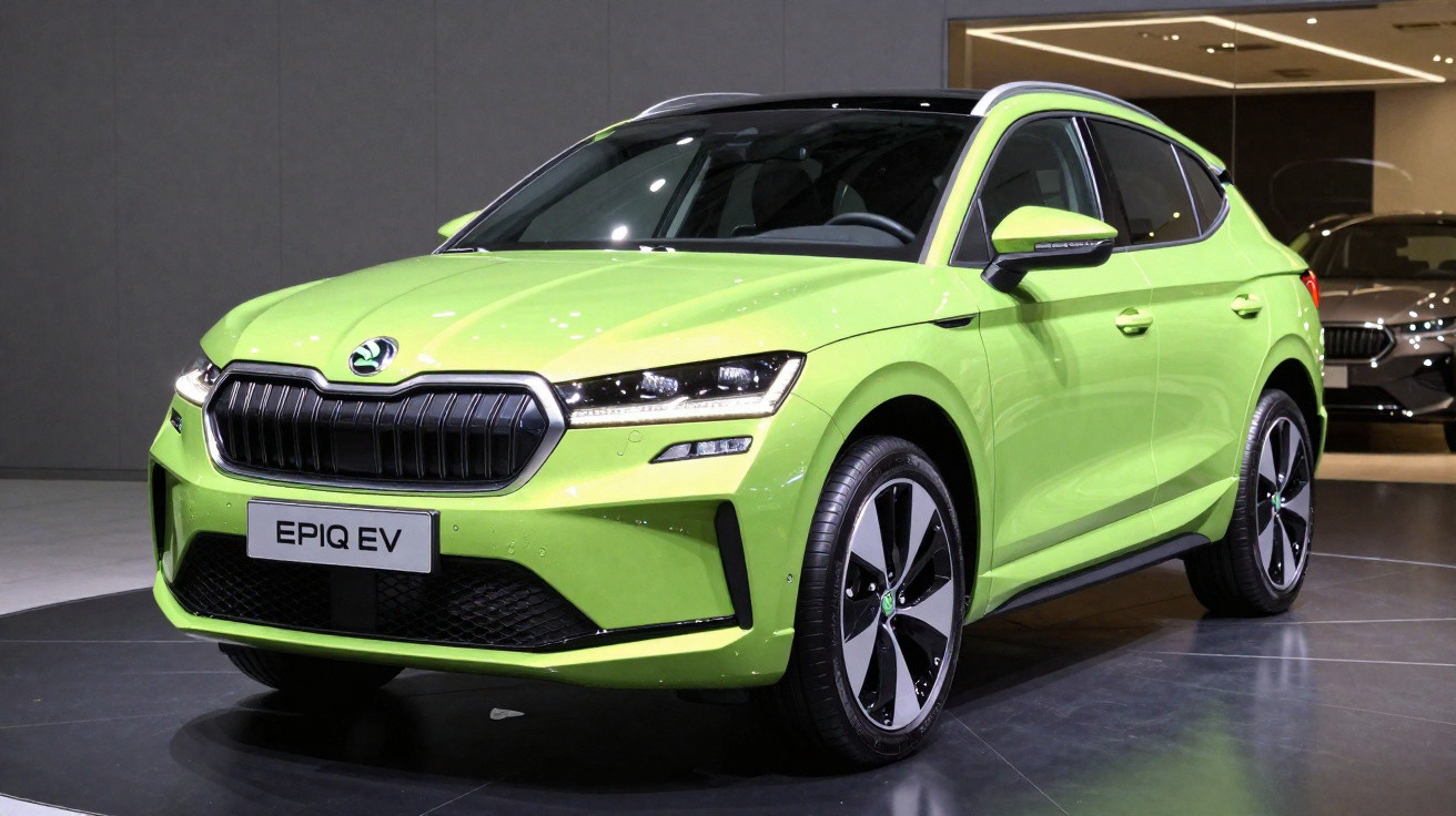 Carro elétrico verde limão Škoda Epiq EV exposto em salão automotivo com iluminação interna.