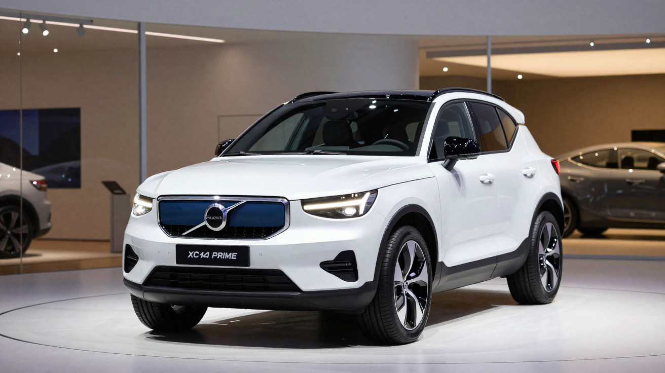 Carro SUV branco Volvo XC40 Prime exposto em ambiente interno com iluminação suave.