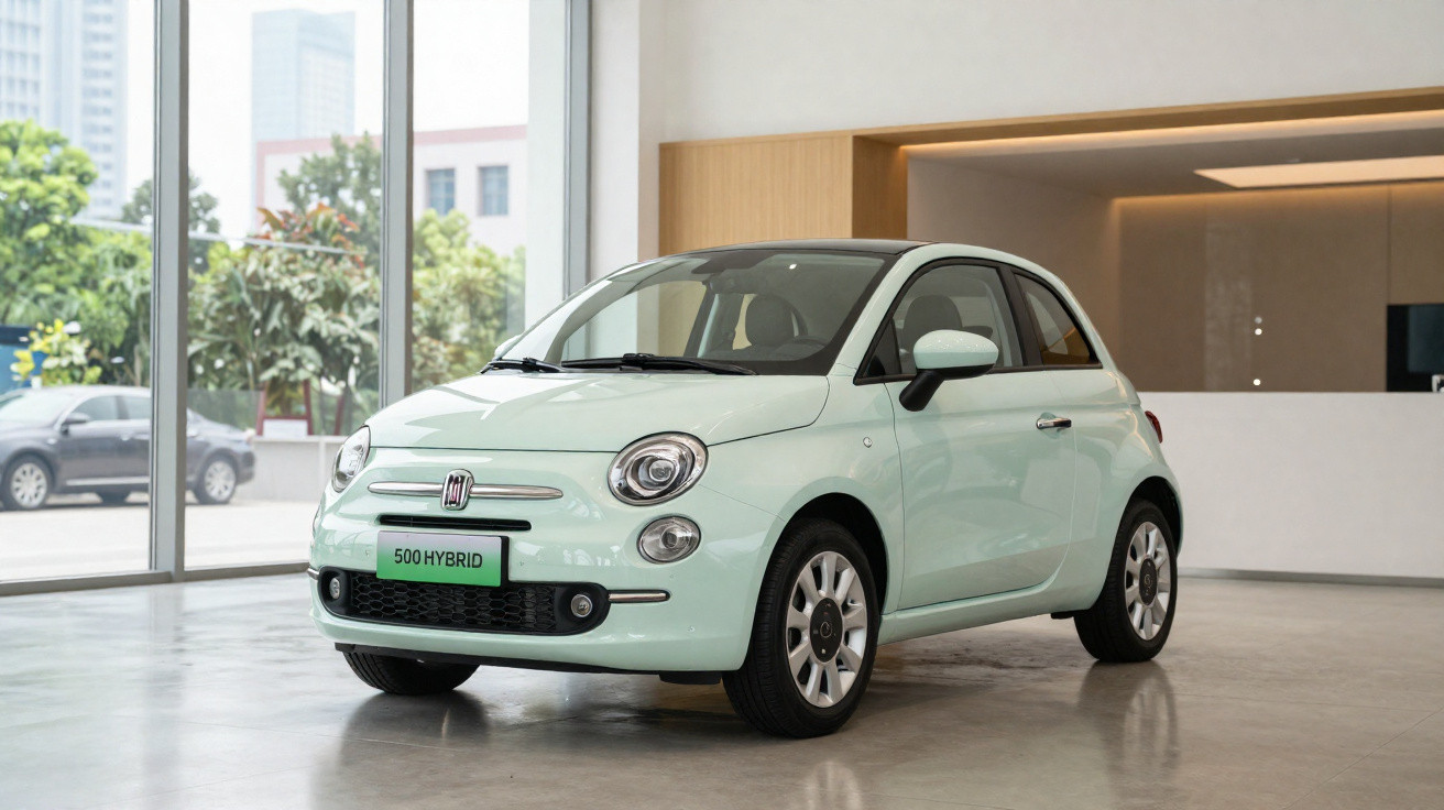 Carro Fiat 500 Hybrid verde claro estacionado em showroom com grandes janelas panorâmicas.