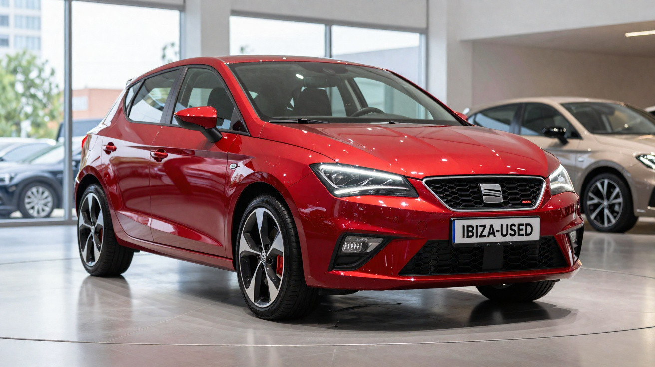 Carro vermelho Seat Ibiza esportivo em exposição dentro de concessionária moderna e iluminada.