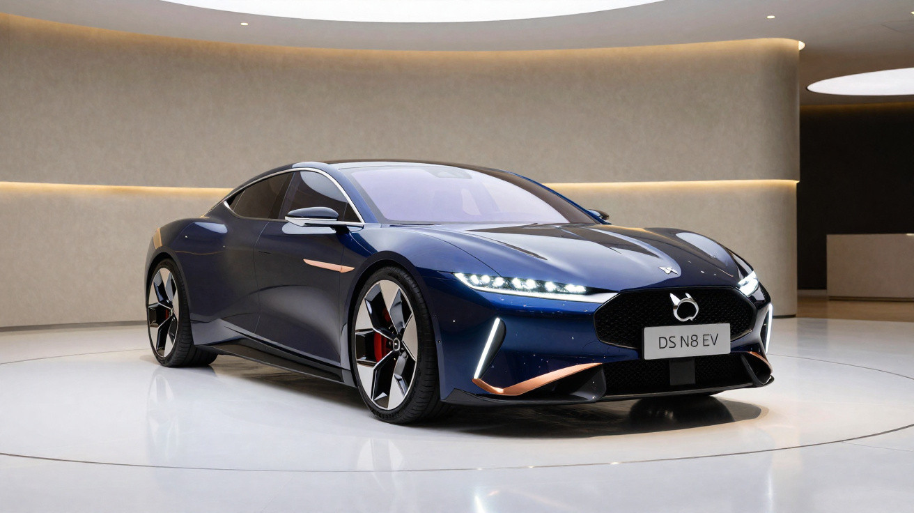 Carro esporte elétrico azul DS N8 EV em showroom moderno com iluminação suave nas paredes.