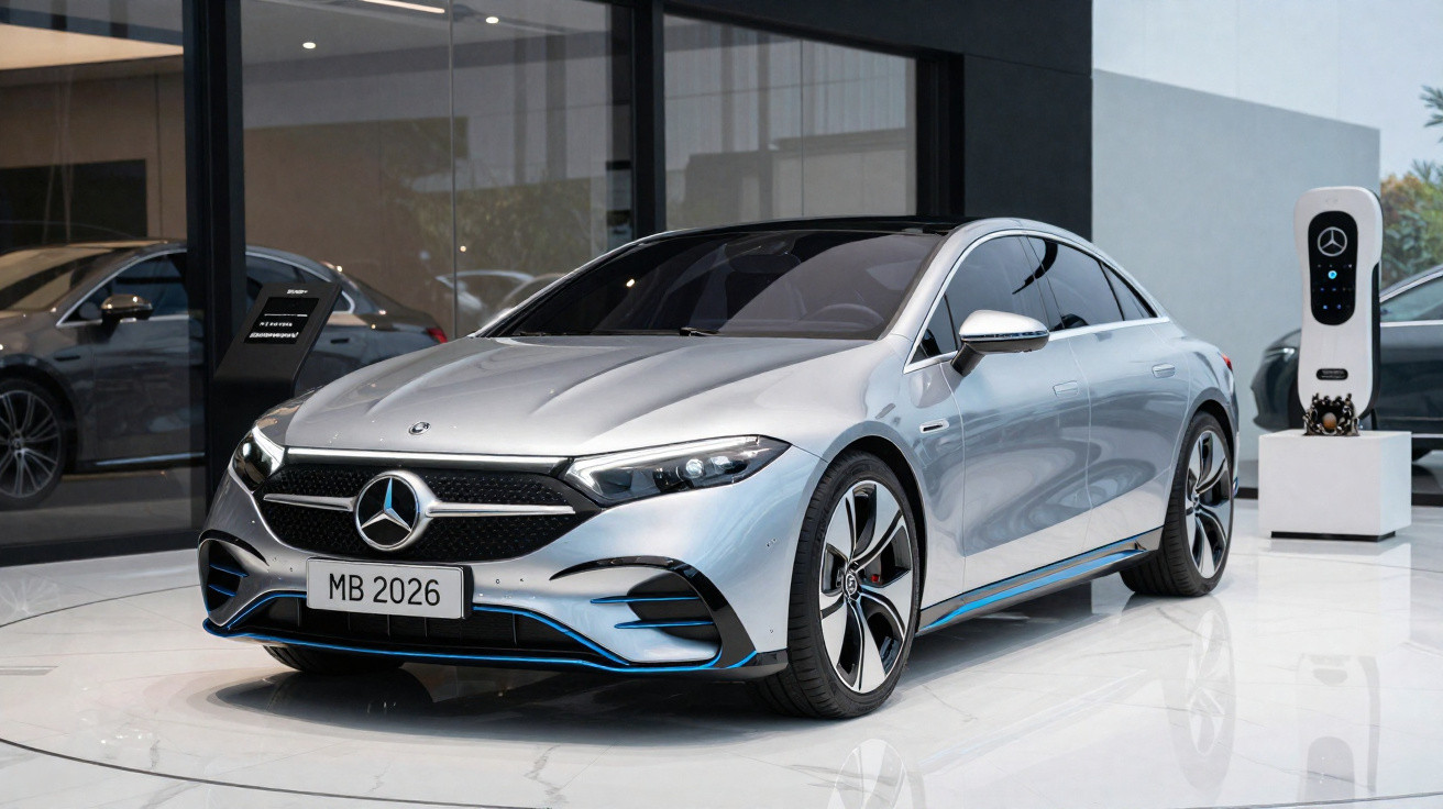 Carro elétrico prata Mercedes-Benz 2026 exposto em showroom moderno com carregador ao fundo.