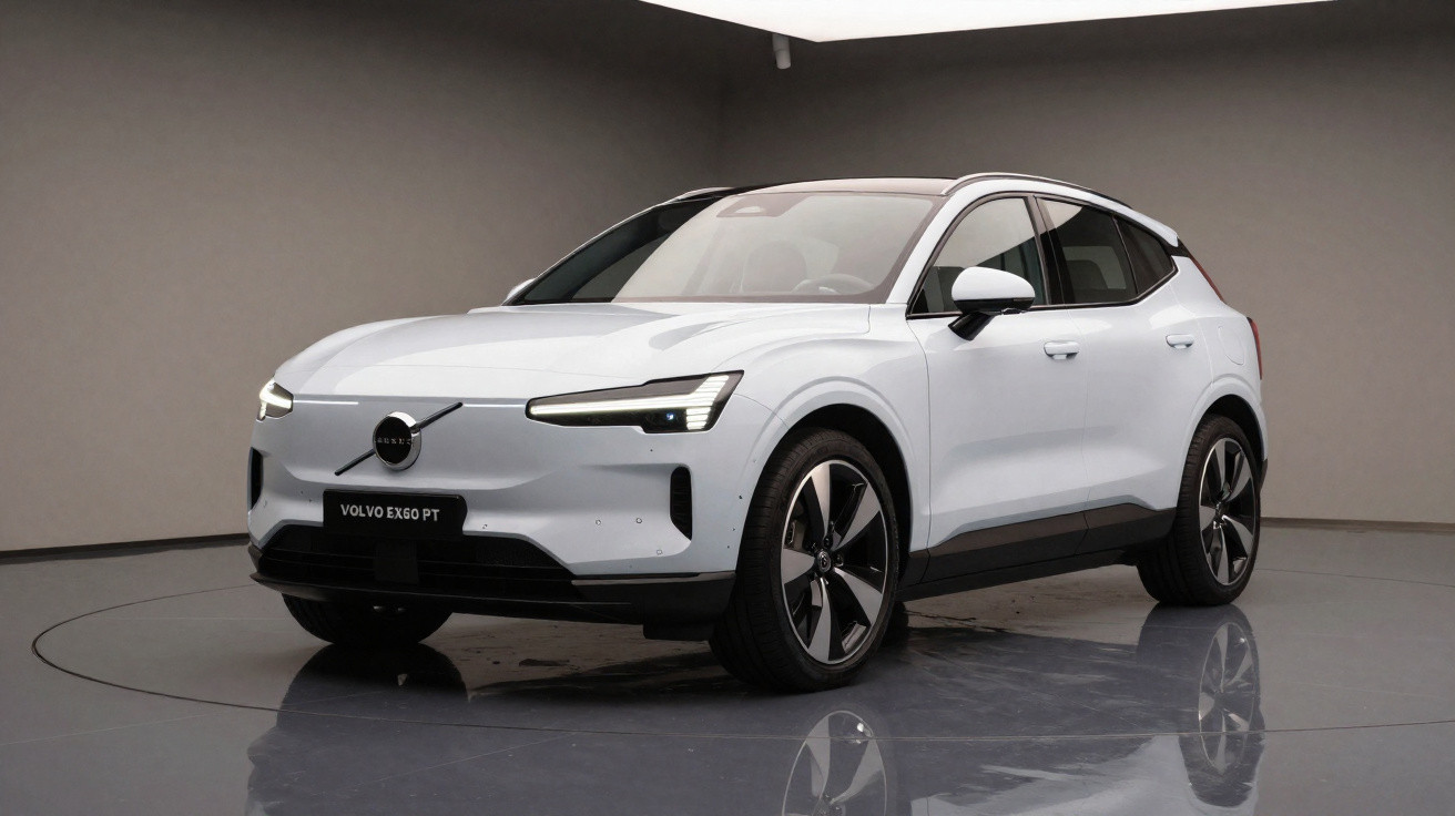 Carro Volvo EX60 PT branco em estúdio com luzes acesas, vista frontal em ângulo.