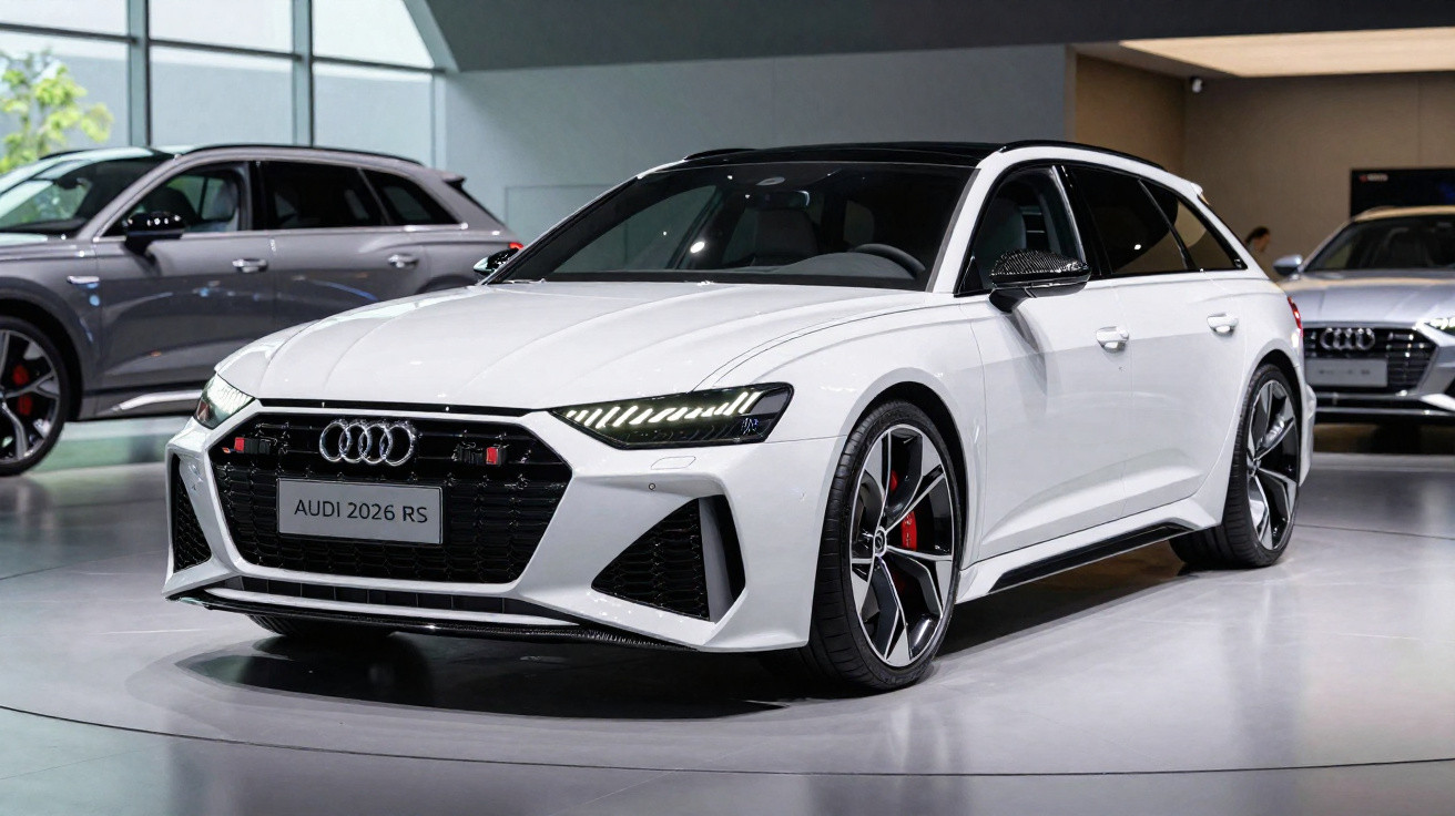Carro esportivo Audi 2026 RS branco em exposição interna com rodas pretas e detalhes vermelhos.