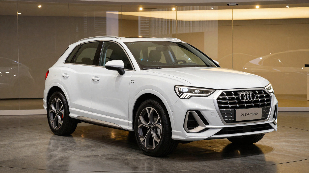 SUV Audi Q3 branco estacionado em ambiente interno com piso refletivo e parede de vidro ao fundo.