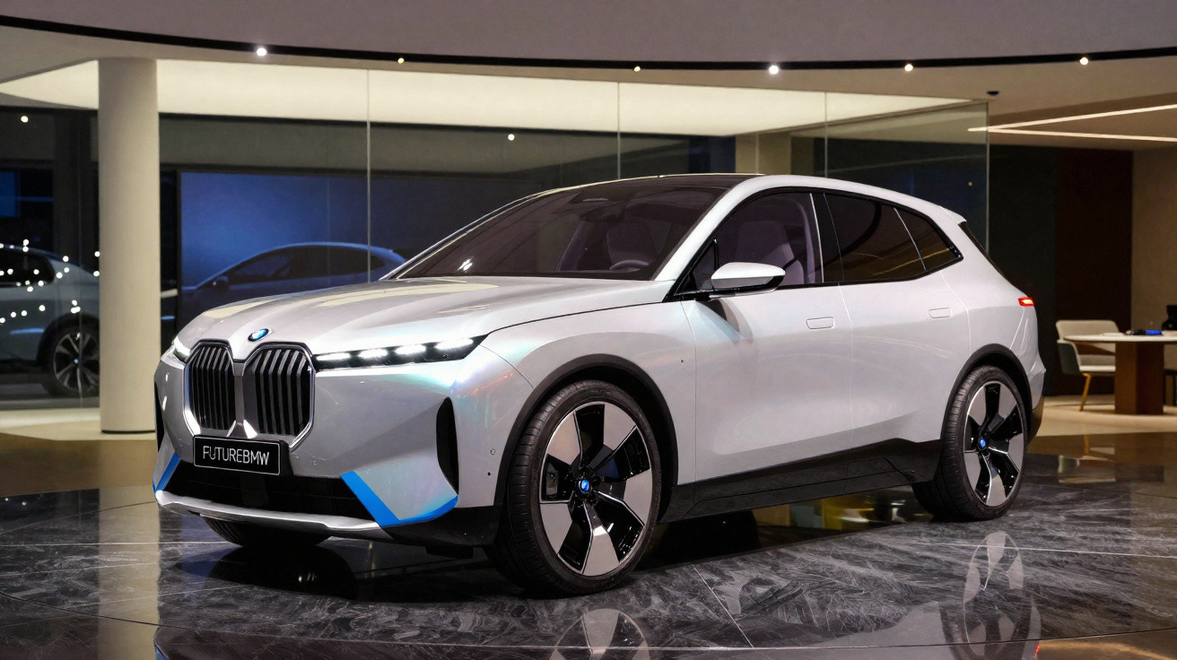 Carro elétrico BMW futurista branco exposto em ambiente interno moderno com piso espelhado.