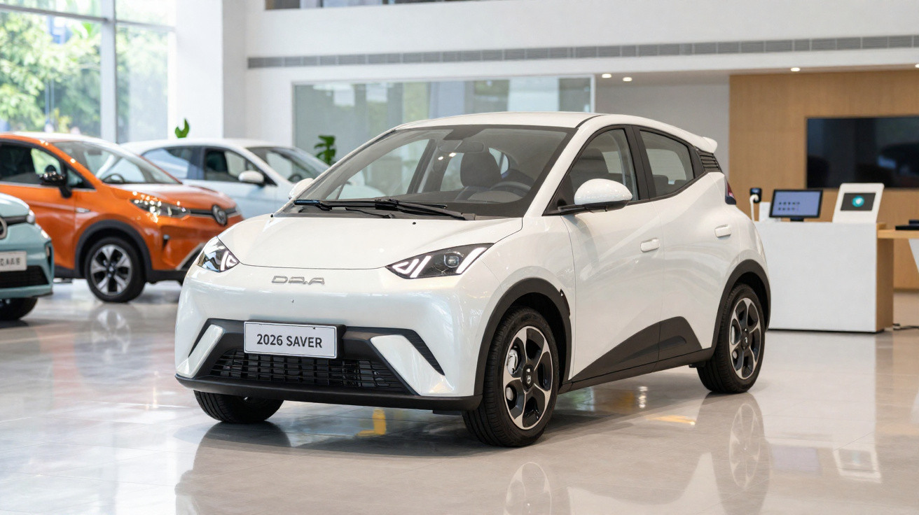 Carro elétrico branco modelo 2026 Saver em showroom moderno com piso refletivo e outros veículos ao fundo.
