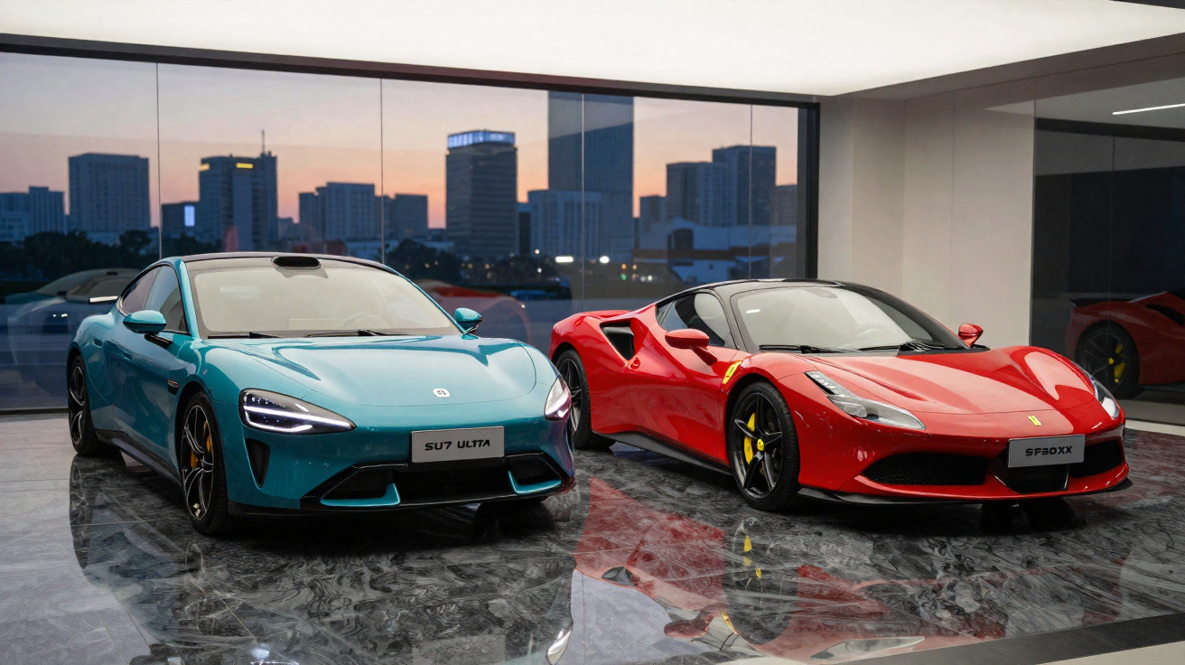 Dois carros esportivos, um azul elétrico (SU7 ULTRA) e um vermelho Ferrari SF90 XX, em showroom moderno com vista urbana ao e