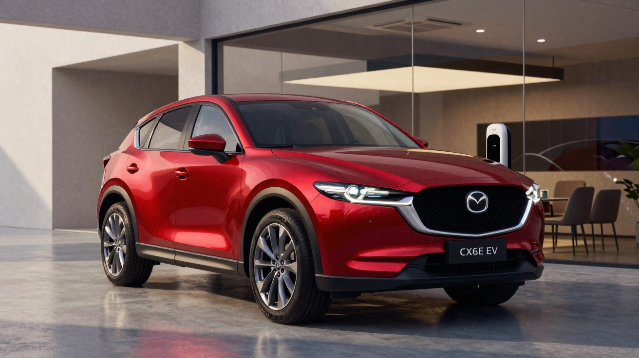 Carro elétrico Mazda CX-6E EV vermelho estacionado em frente a casa moderna com tomada de recarga.