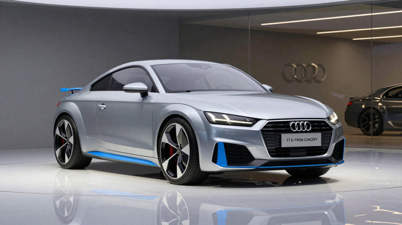 Carro esportivo Audi TT E-Tron Concept prata exibido em ambiente fechado e moderno.