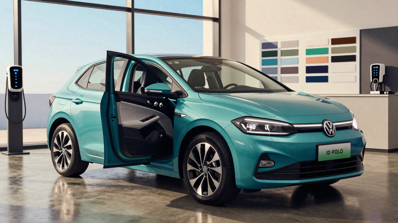 Carro elétrico Volkswagen ID Polo azul estacionado em showroom com carregadores ao fundo e porta dianteira aberta.