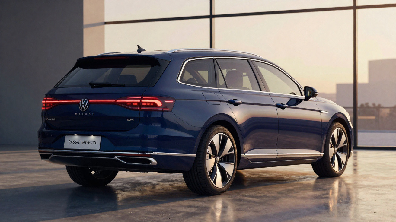 Carro Volkswagen Passat Variant híbrido azul escuro estacionado em ambiente interno com luz natural.