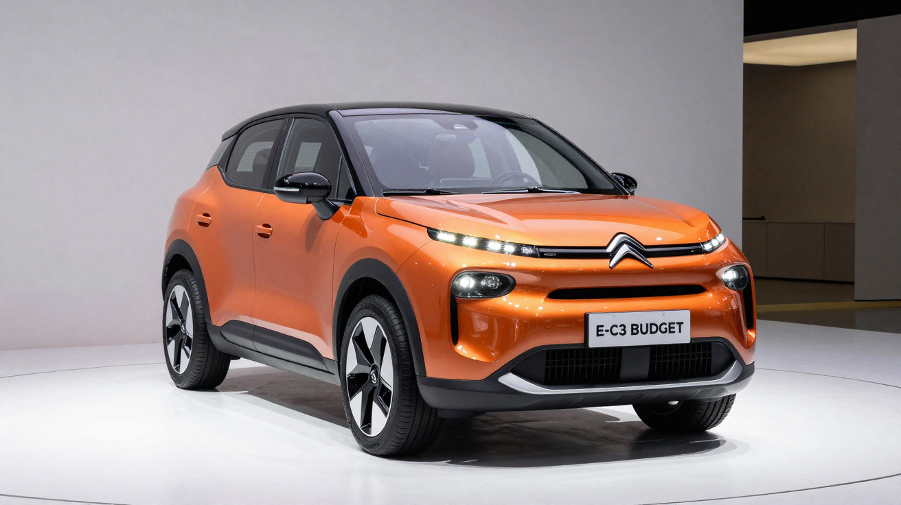Carro Citroën E-C3 Budget laranja em exposição, vista frontal em fundo neutro.
