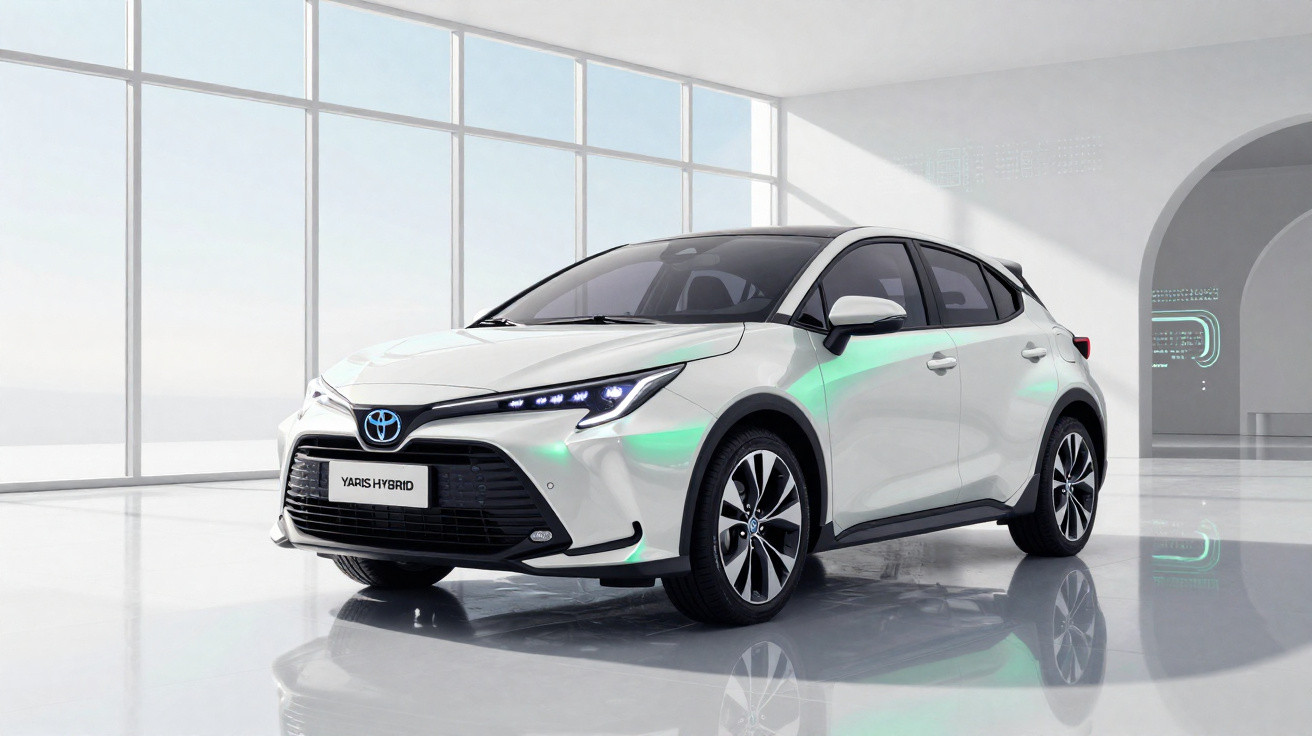 Carro branco Toyota Yaris Hybrid estacionado em ambiente interno moderno e iluminado.