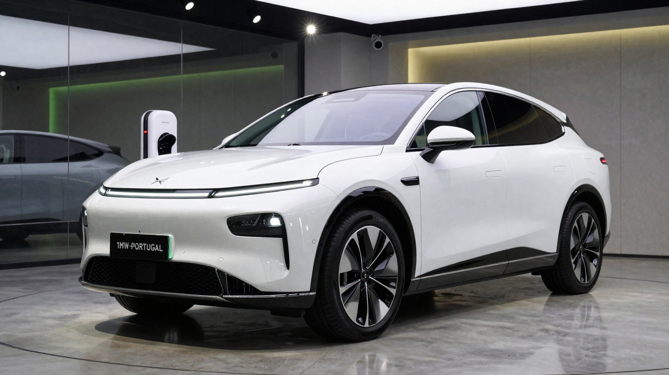 Carro elétrico branco estacionado em showroom moderno com carregador ao fundo.