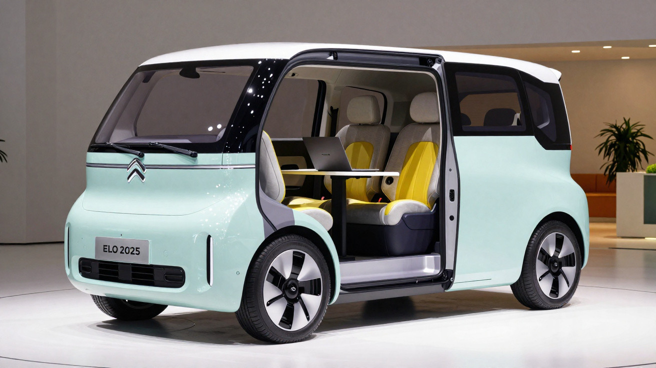 Carro elétrico Citroën Elo 2025 com portas deslizantes abertas mostrando interior com assentos amarelos e mesa.
