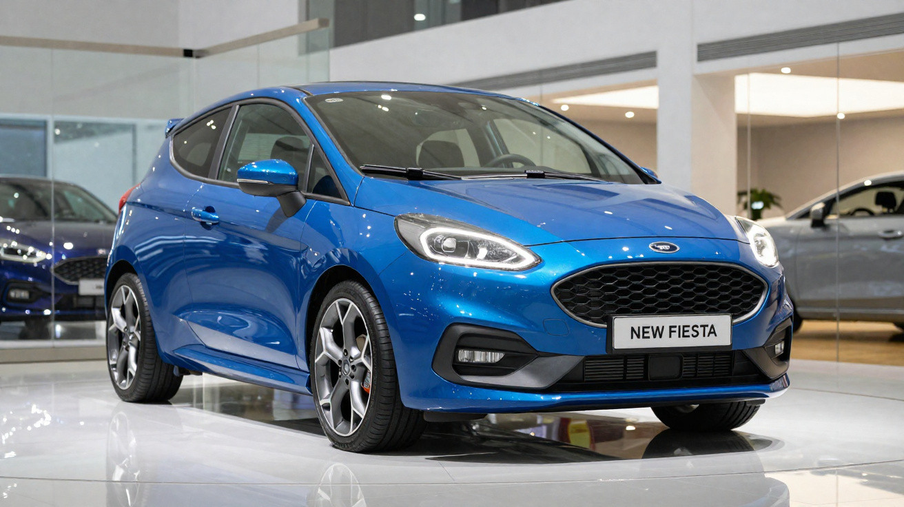 Carro Ford New Fiesta hatch azul em exposição dentro de showroom moderno.