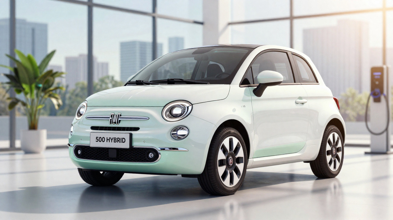 Carro Fiat 500 Hybrid branco estacionado em ambiente interno moderno com carga elétrica ao fundo.