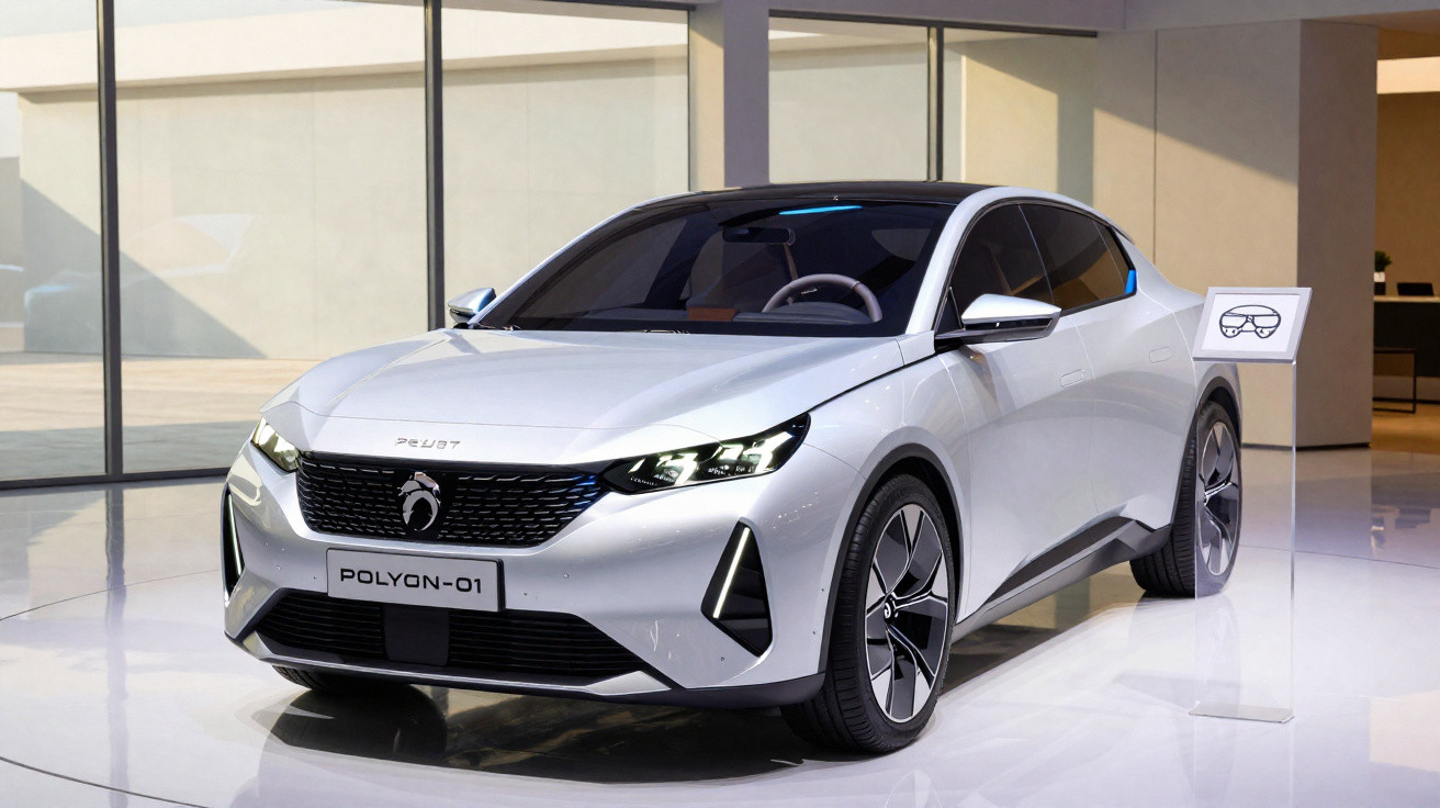Carro elétrico cinza modelo Polyon-01 da Peugeot exibido em ambiente interno moderno e iluminado.