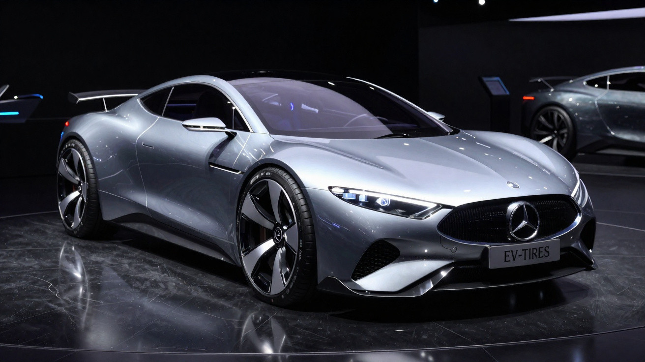 Carro esportivo elétrico prata da Mercedes-Benz em exposição, com design futurista e rodas grandes.