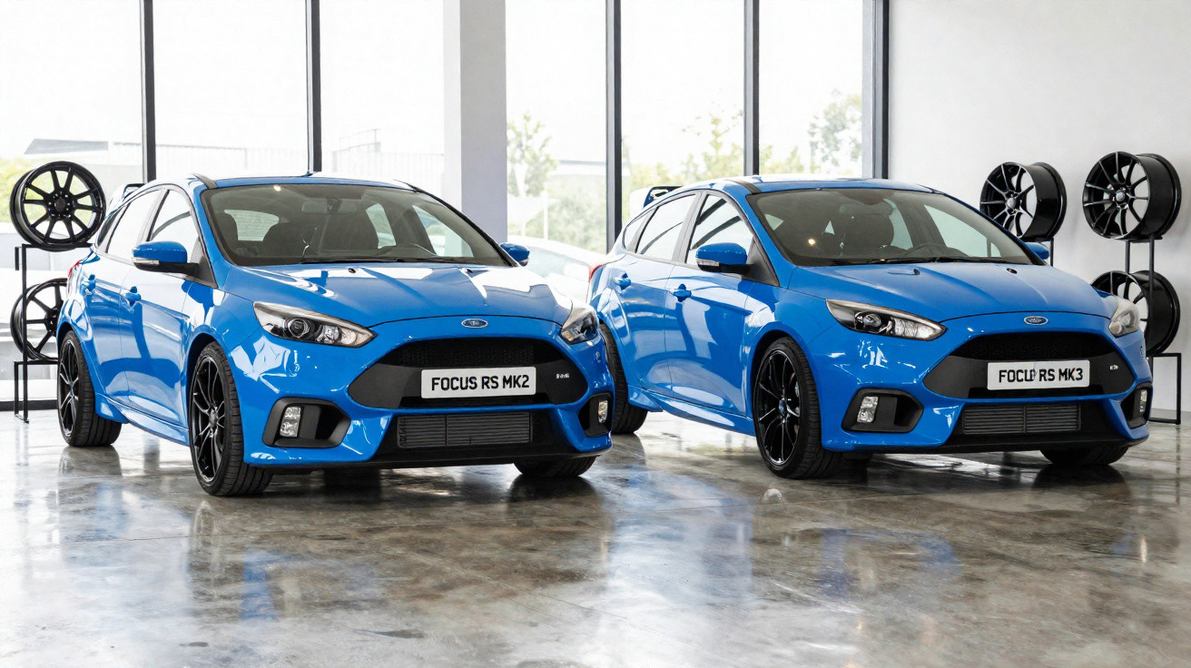 Dois carros esportivos Ford Focus RS azuis, modelos MK2 e MK3, estacionados em piso de garagem com rodas exibidas ao fundo.