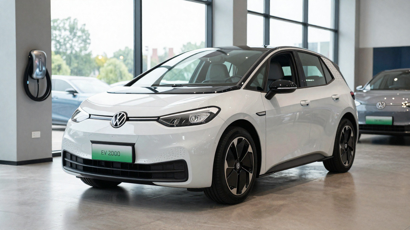 Carro elétrico branco Volkswagen EV 2000 em exposição dentro de showroom moderno com janela grande.