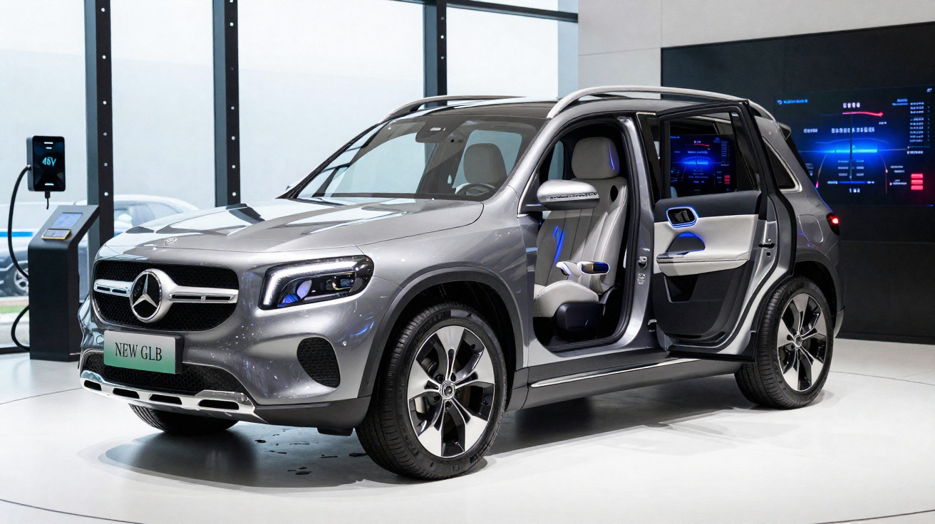 Carro elétrico Mercedes-Benz New GLB prata com portas abertas em exposição interna.