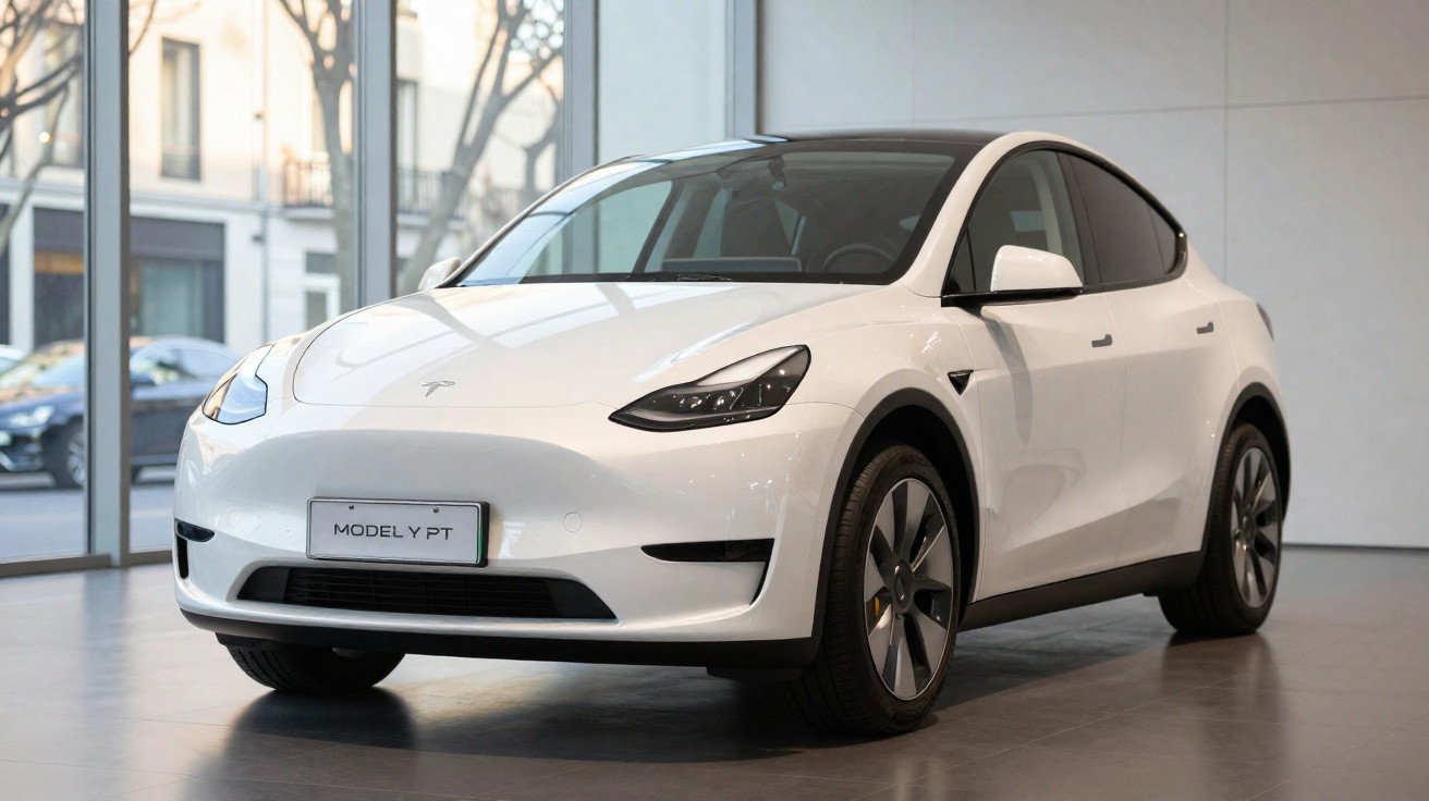 Carro elétrico branco Tesla Model Y em ambiente interno com janelas grandes ao fundo.