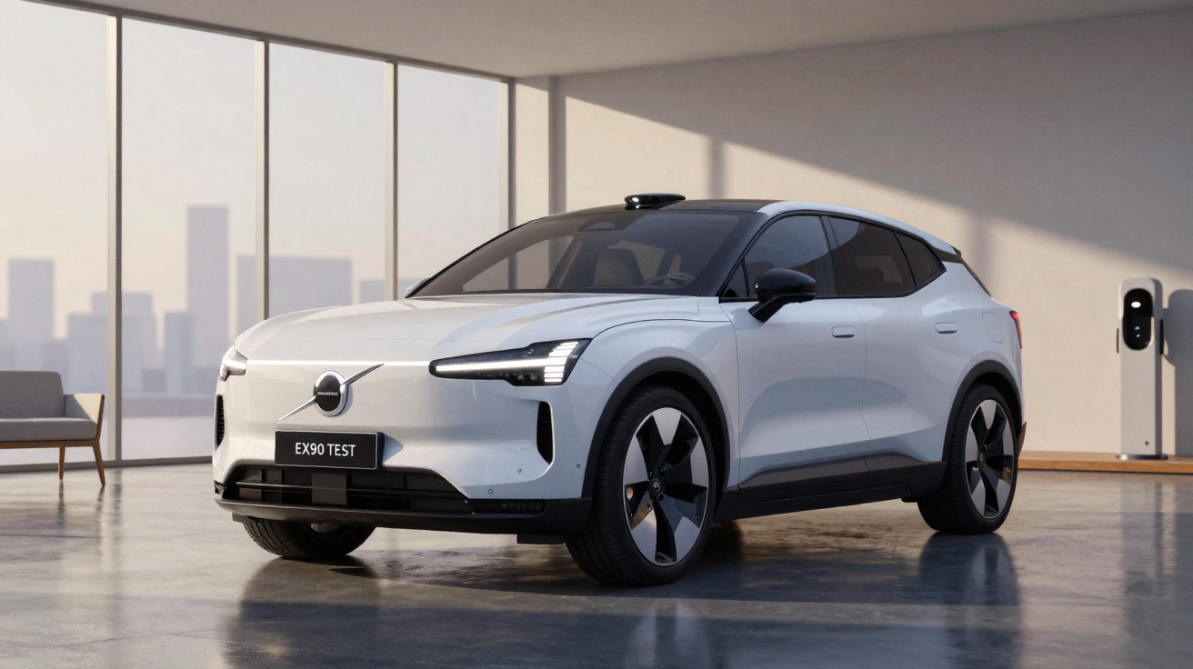 Carro elétrico branco Volvo EX90 Test estacionado em ambiente moderno com janelas grandes e carregador na parede.